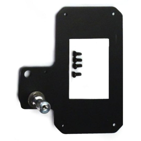 5974 Multiverse transmitter hanging bracket flat view with black mounting screws and zinc-plated stud hardware, City Theatrical