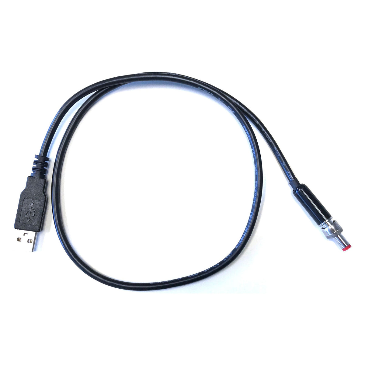 5973 28.5-inch USB to locking barrel connector cable coiled flat showing USB Type-A plug and threaded locking DC barrel end, City Theatrical