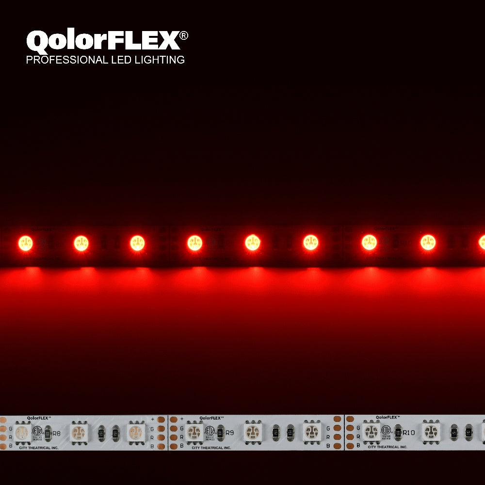 QolorFLEX 5050 12V indoor RGB LED tape animated demo showing red output above unlit strip with ETL-marked solder pads, City Theatrical
