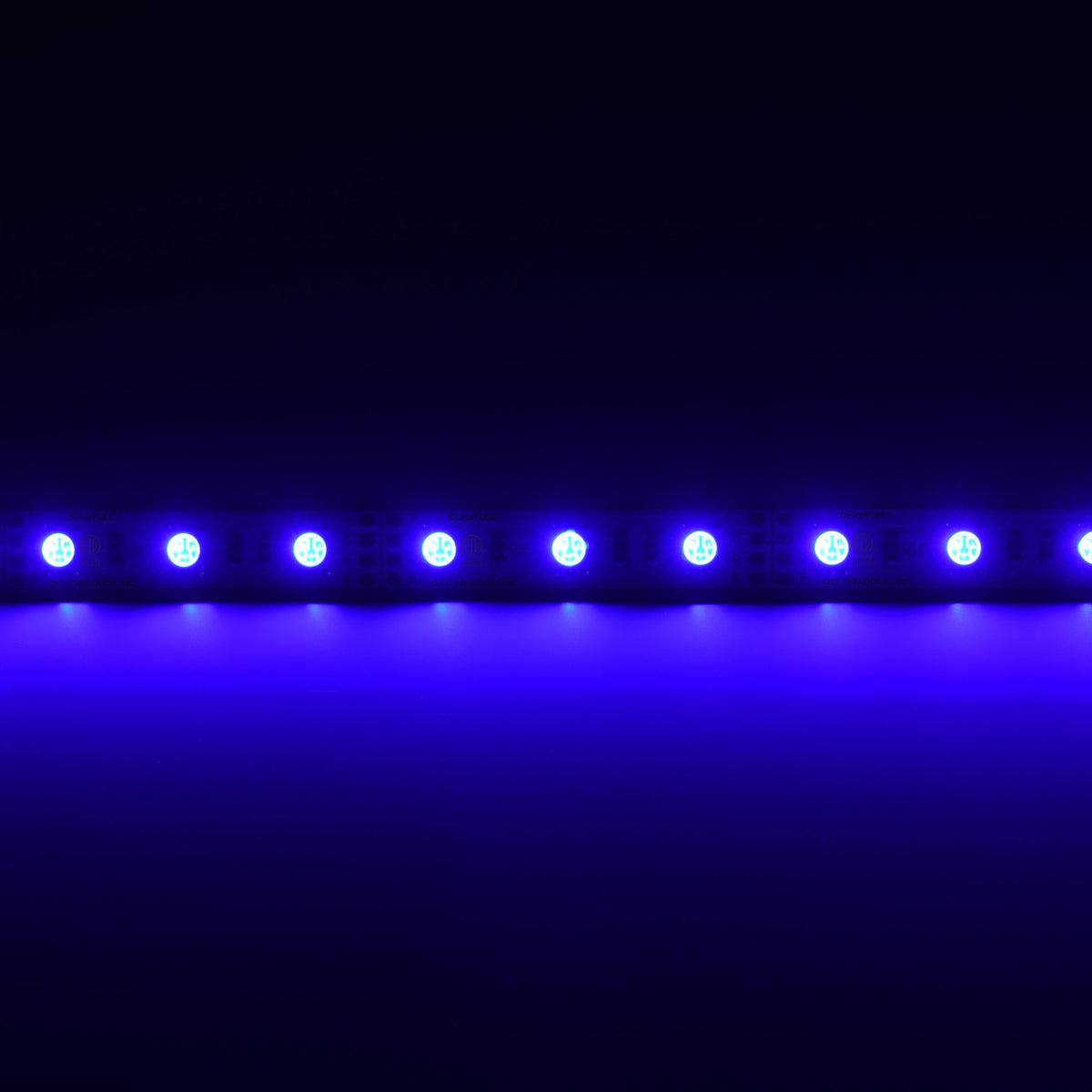 QolorFLEX 5050 12V RGBA LED tape lit in blue across a continuous run, City Theatrical