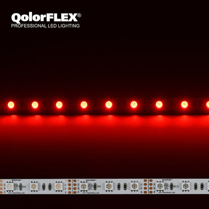 QolorFLEX 5050 12V RGBNW LED tape composite showing strip lit red above unlit detail with ETL marks and G/R/B solder pads, City Theatrical