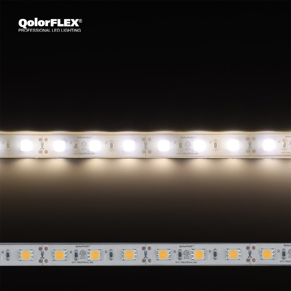 QolorFLEX 5050 12V outdoor warm white LED tape shown illuminated above and unlit below with ETL-marked cut points, City Theatrical