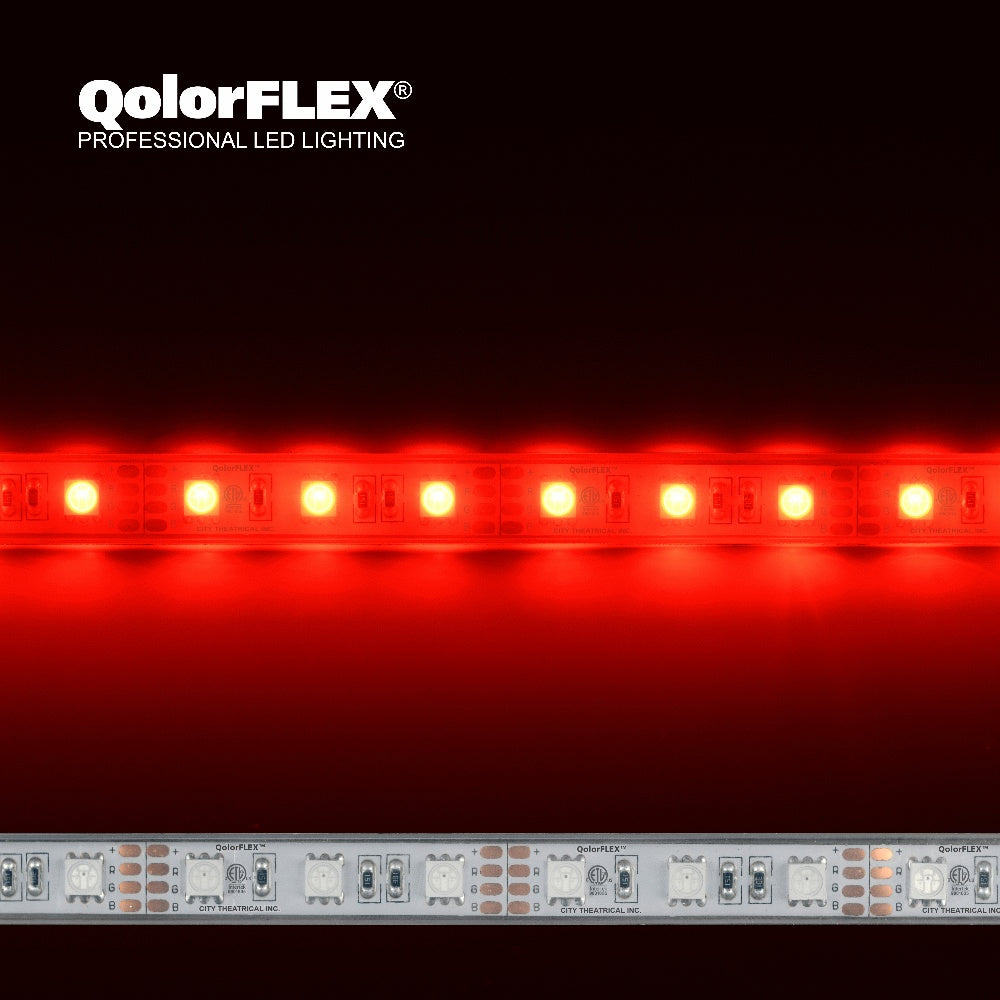 QolorFLEX 5050 12V outdoor RGB LED tape shown illuminated in red above an unlit strip detail with 5050 emitters and R/G/B solder pads, City Theatrical