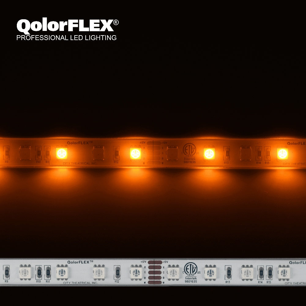 QolorFLEX 5050 12V RGBA LED tape detail showing amber LEDs illuminated above an unlit strip with +12V, R, G, B, W solder pads and ETL mark, City Theatrical