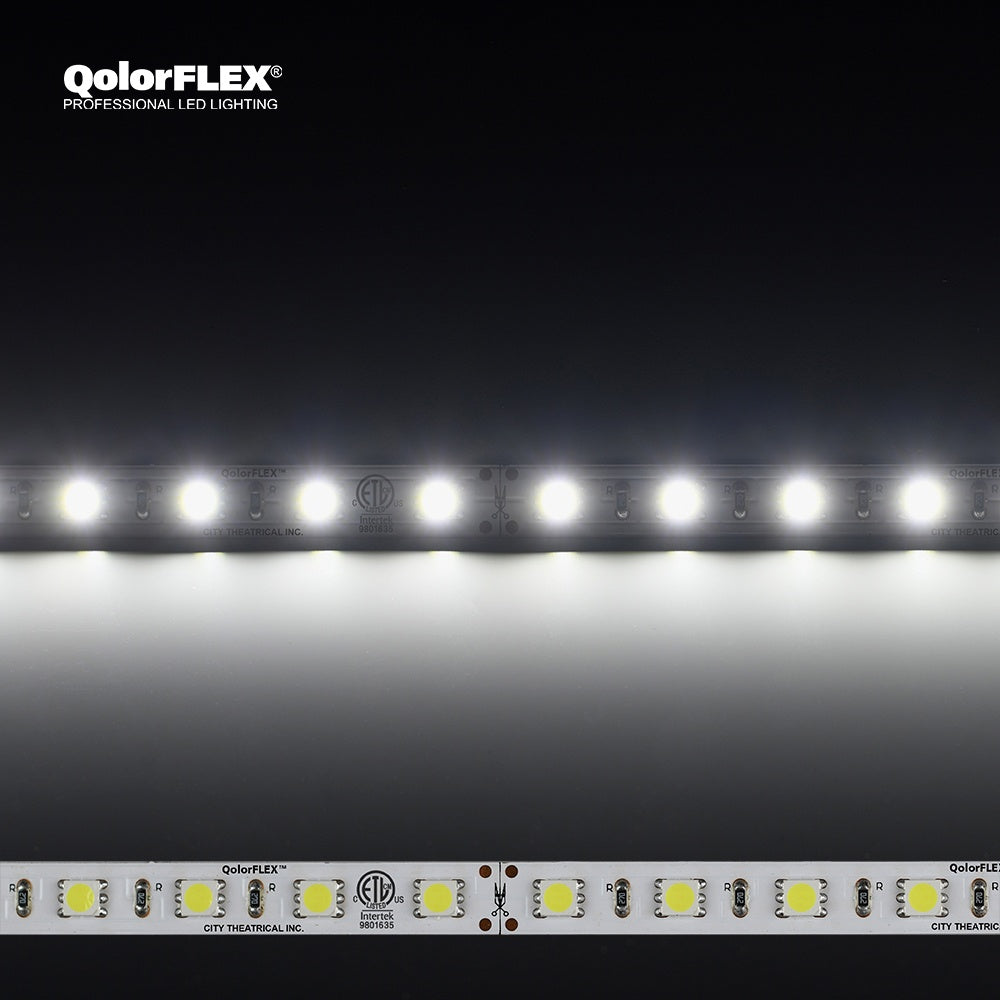 QolorFLEX 5050 24V indoor cool white LED tape shown illuminated and unlit with ETL-listed cut marks, City Theatrical