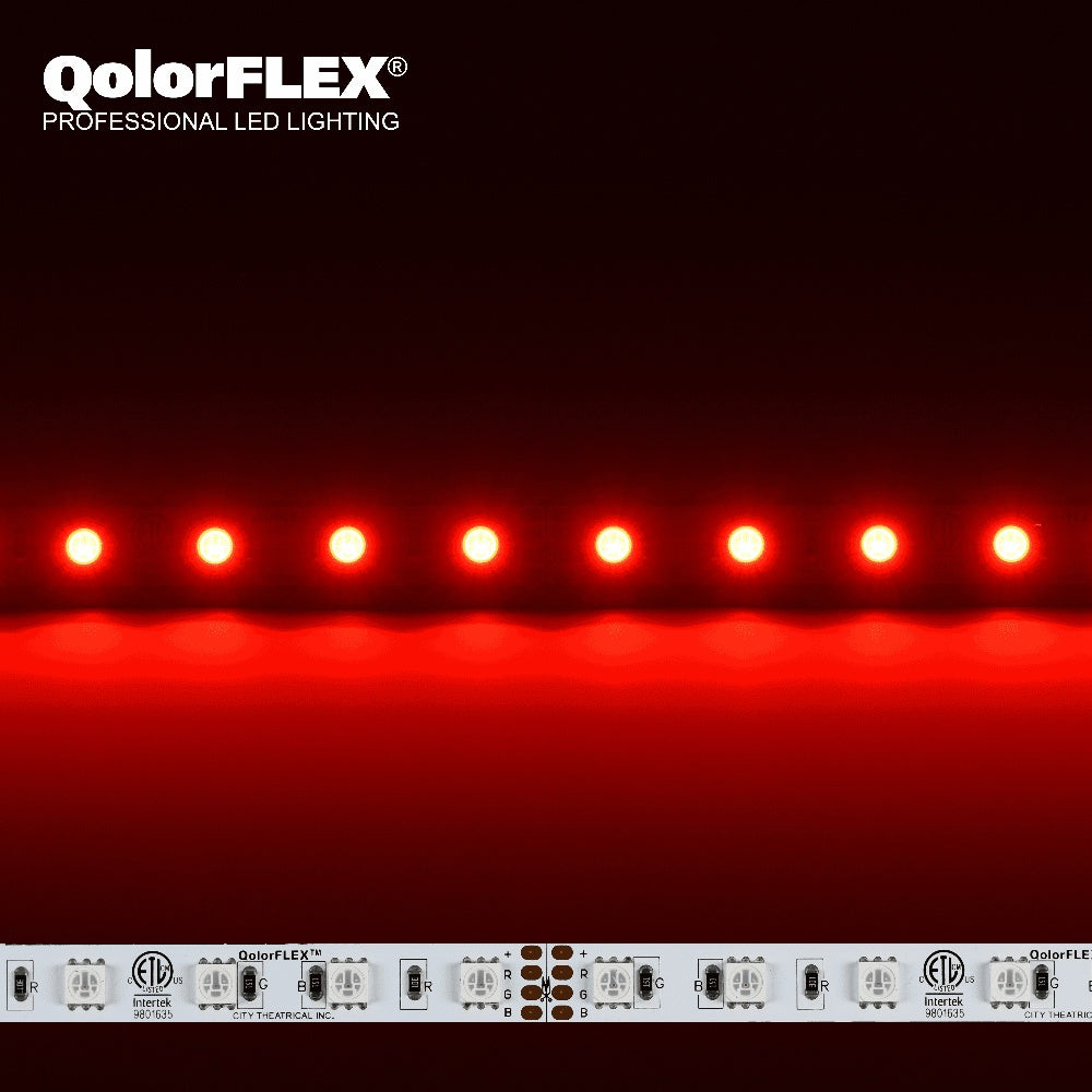 QolorFLEX 5050 24V LED tape branded hero image showing strip lit red above unlit section with ETL-listed white PCB, City Theatrical