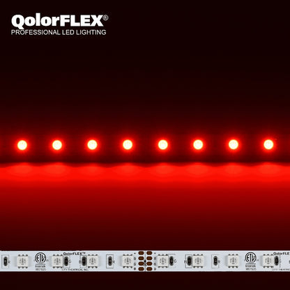 QolorFLEX 5050 24V LED tape branded hero image showing strip lit red above unlit section with ETL-listed white PCB, City Theatrical