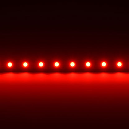 QolorFLEX 5050 24V LED tape illuminated in red, showing evenly spaced emitters and smooth wash output, City Theatrical