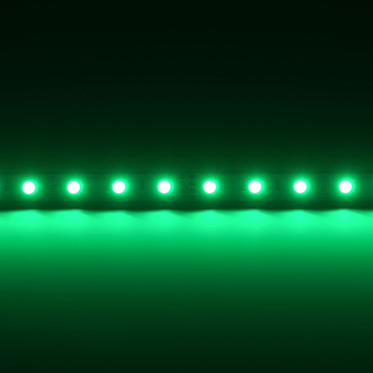 QolorFLEX 5050 24V LED tape lit in green showing consistent color across the run, City Theatrical
