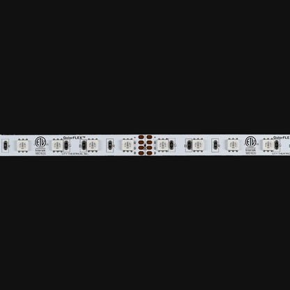QolorFLEX 5050 LED tape unlit detail of white PCB with R, G, B solder pads and ETL marking, City Theatrical