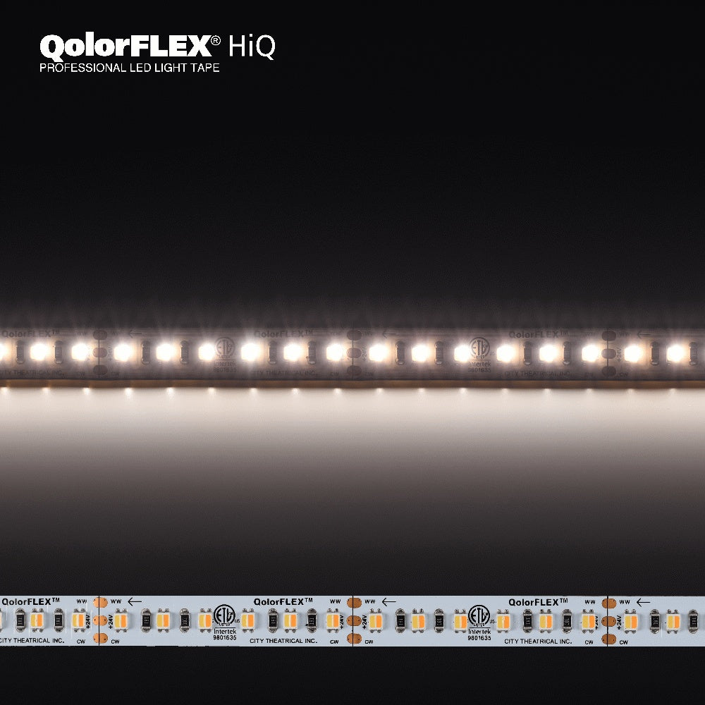 QolorFLEX HiQ high-CRI LED tape illuminated and unlit strip detail showing warm white and cool white emitters with ETL marking, City Theatrical