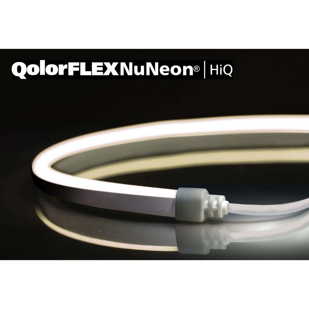 QolorFLEX NuNeon HiQ flexible neon tape curved and lit with white end cap and lead wire, City Theatrical