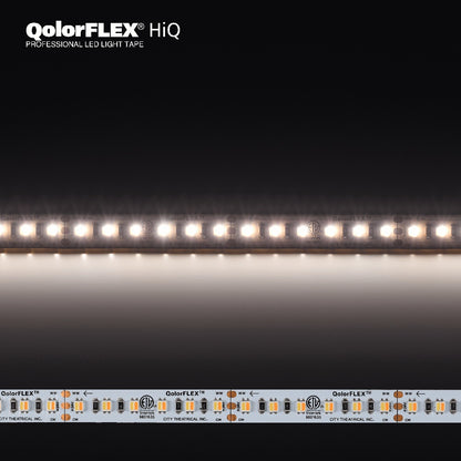 QolorFLEX HiQ high-CRI LED tape illuminated and unlit, showing warm and cool white emitters with ETL mark on white PCB, City Theatrical