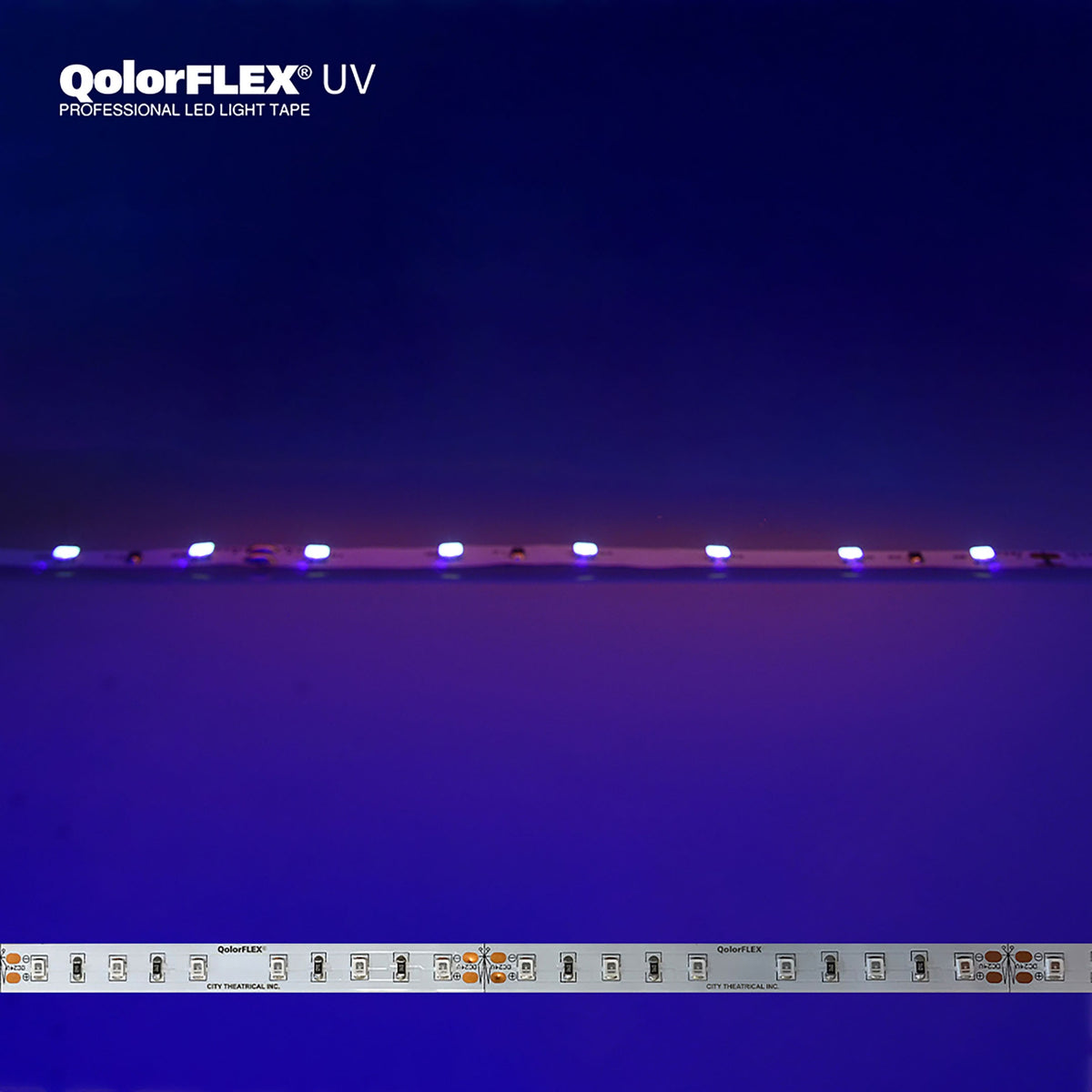 QolorFLEX UV 395nm LED tape illuminated, strip glowing violet above unlit tape section showing 24V solder pads, City Theatrical