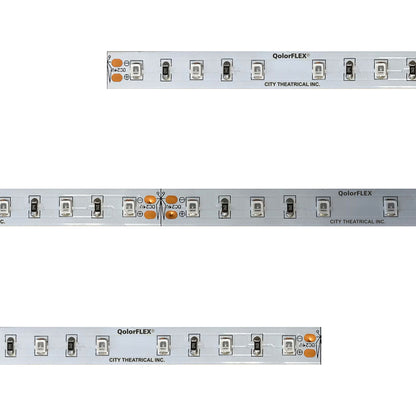 QolorFLEX UV LED tape unlit detail showing 2835 emitters, cut marks and DC24V solder pads on white PCB, City Theatrical