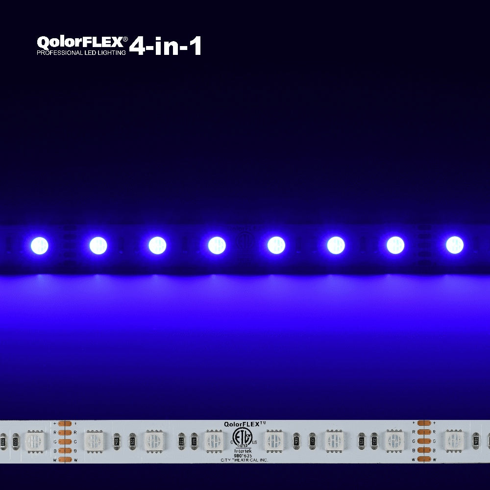 QolorFLEX 4-in-1 5050 RGBI LED tape illuminated blue above an unlit strip showing R/G/B/W solder pads and ETL mark, City Theatrical