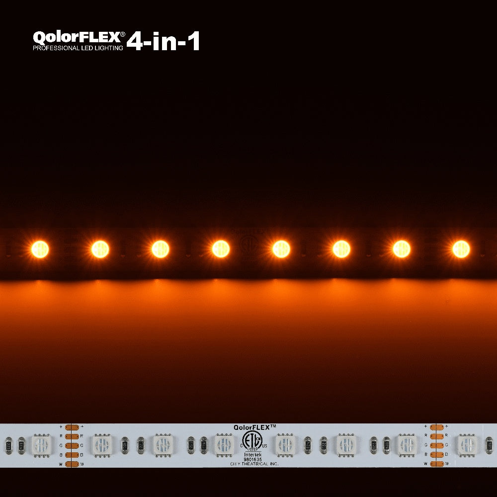 QolorFLEX 4-in-1 RGBA LED tape illuminated in amber above an unlit strip showing R/G/B/W solder pads and ETL mark, City Theatrical
