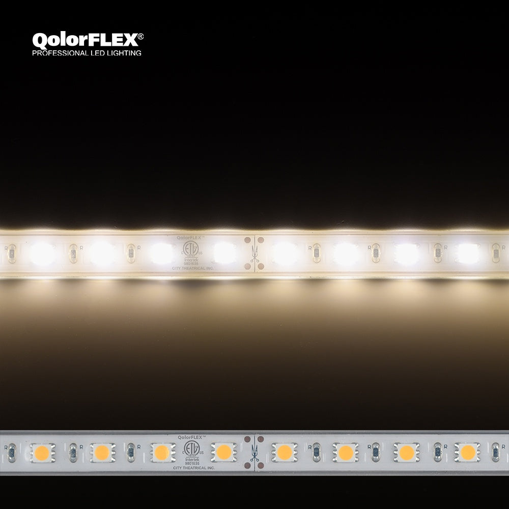 QolorFLEX 5050 24V outdoor warm white LED tape shown illuminated and unlit with ETL mark and cut-point markings, City Theatrical