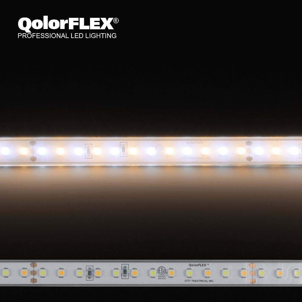 QolorFLEX 3528 24V adjustable white LED tape illuminated and unlit, showing alternating warm and cool white emitters with ETL mark, City Theatrical
