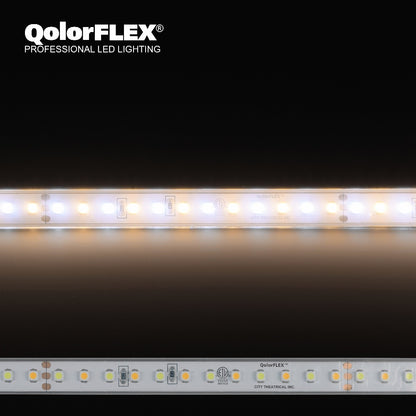 QolorFLEX LED tape detail with QolorFLEX Professional LED Lighting logo and printed City Theatrical branding on the strip, City Theatrical