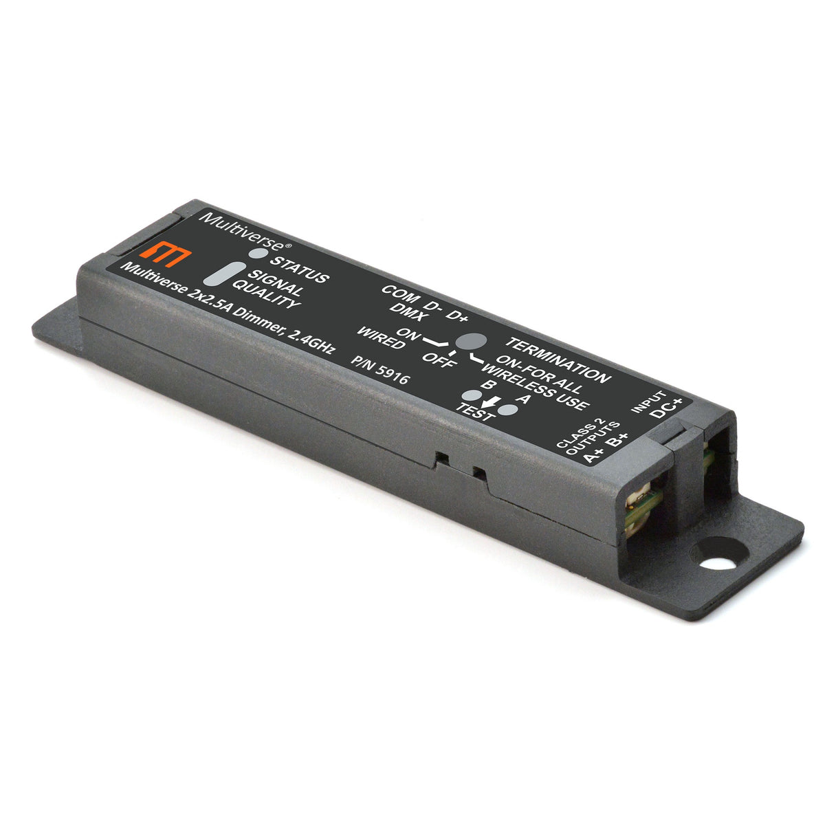 Multiverse 5916 2x2.5A dimmer three-quarter view with status and signal quality LEDs, DMX termination switch and output terminals, City Theatrical