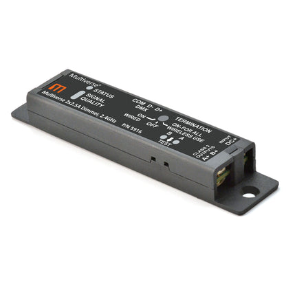 Multiverse 5916 2x2.5A dimmer three-quarter view with status and signal quality LEDs, DMX termination switch and output terminals, City Theatrical
