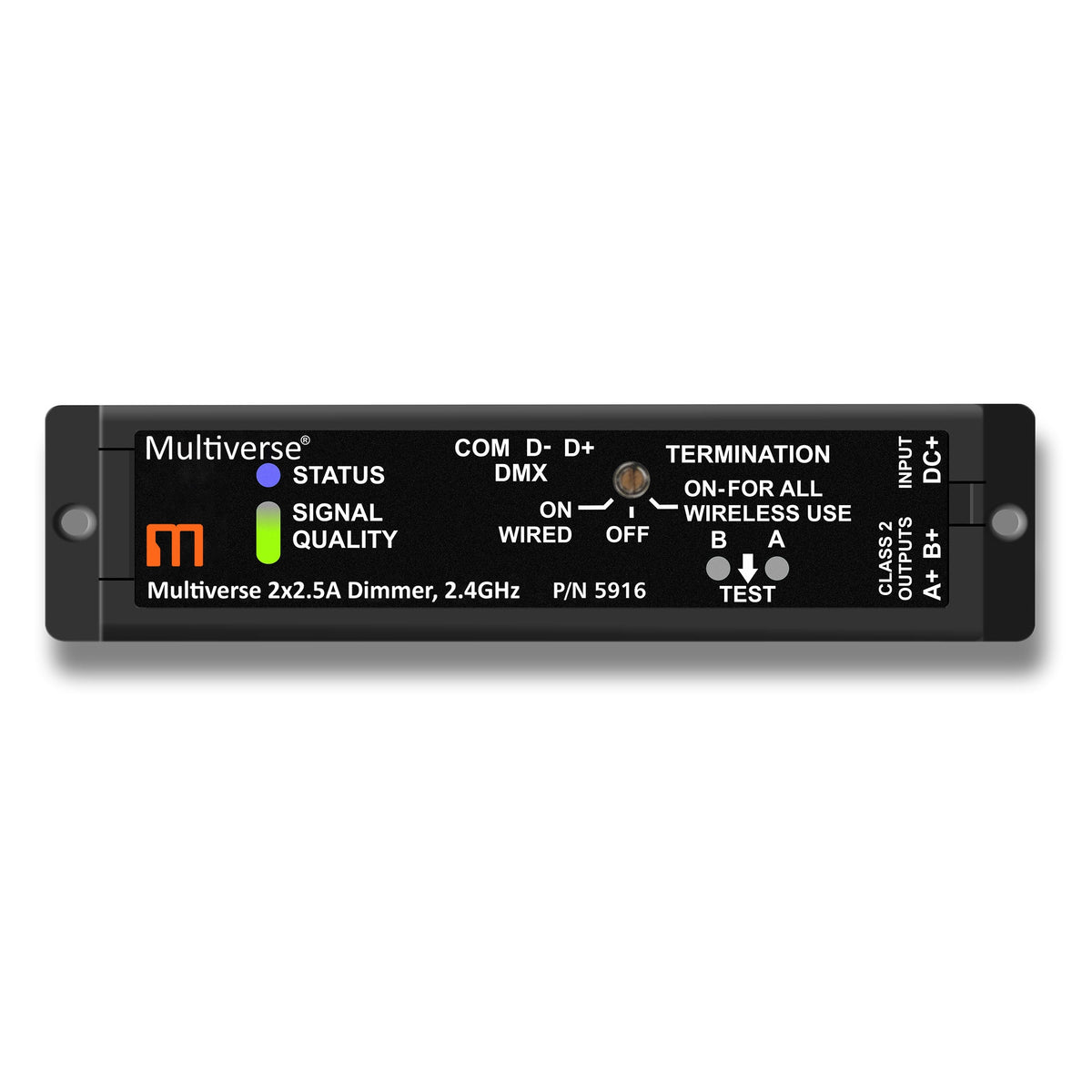 Multiverse 5916 dimmer top view of labeled control panel with blue status LED, green signal quality indicator and A/B test buttons, City Theatrical