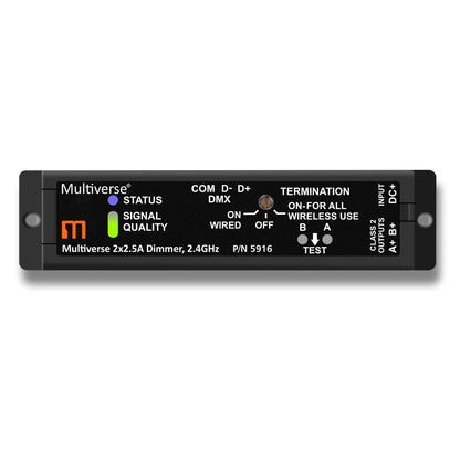 Multiverse 5916 dimmer top view of labeled control panel with blue status LED, green signal quality indicator and A/B test buttons, City Theatrical