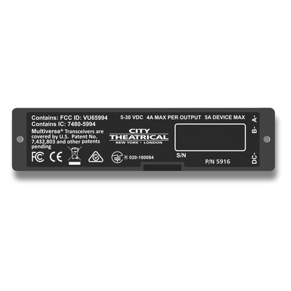 Multiverse 5916 dimmer bottom view with spec label listing 5-30 VDC input, 4A max per output and FCC/IC IDs, City Theatrical