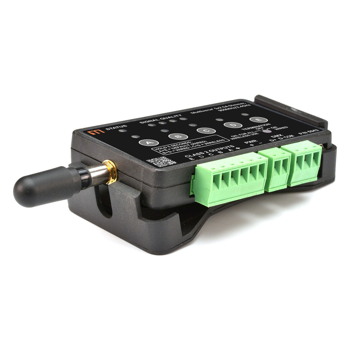 Multiverse 5x2.5A Dimmer 5942 angled view on mounting bracket with antenna and green Class 2 output terminal blocks, City Theatrical