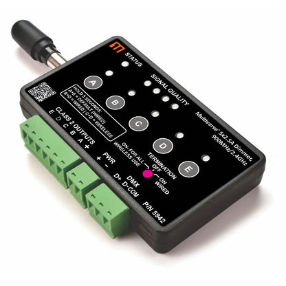 Multiverse 5x2.5A Dimmer 5942 three-quarter view showing status and signal quality LEDs, A-E buttons and termination switch, City Theatrical
