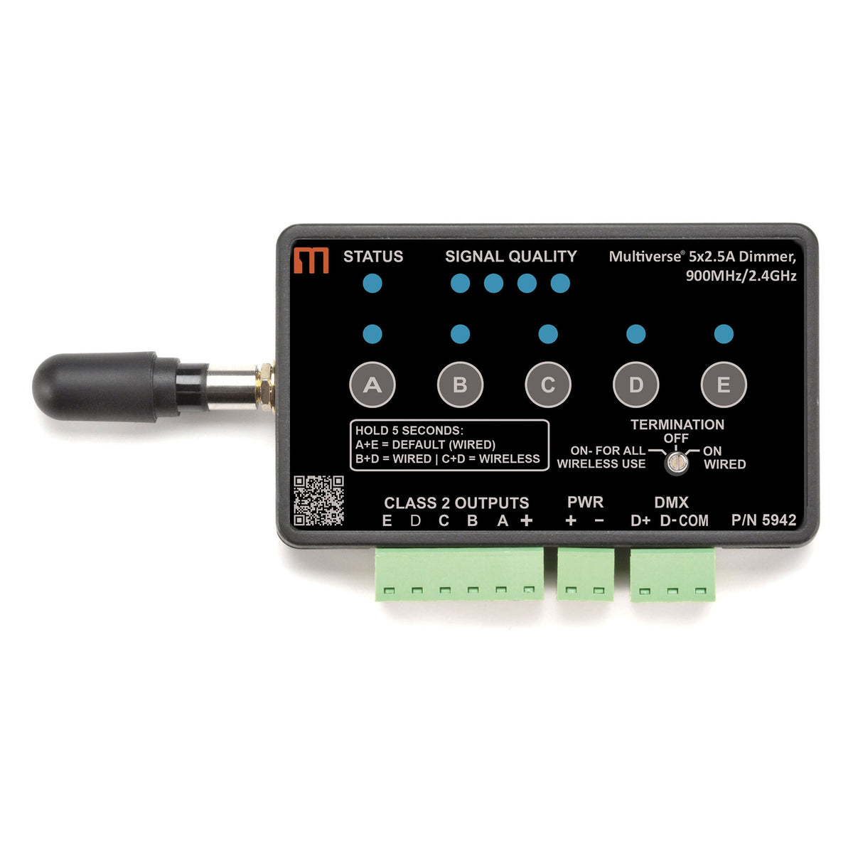 Multiverse 5x2.5A Dimmer 5942 front view with 900MHz/2.4GHz antenna, lit LED indicators and PWR/DMX terminal connectors, City Theatrical