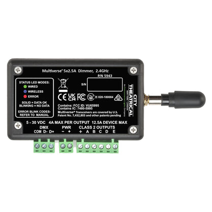Multiverse 5x2.5A 2.4GHz dimmer P/N 5943 rear view with spec label, status LED legend and green Class 2 output, PWR and DMX terminal blocks, City Theatrical