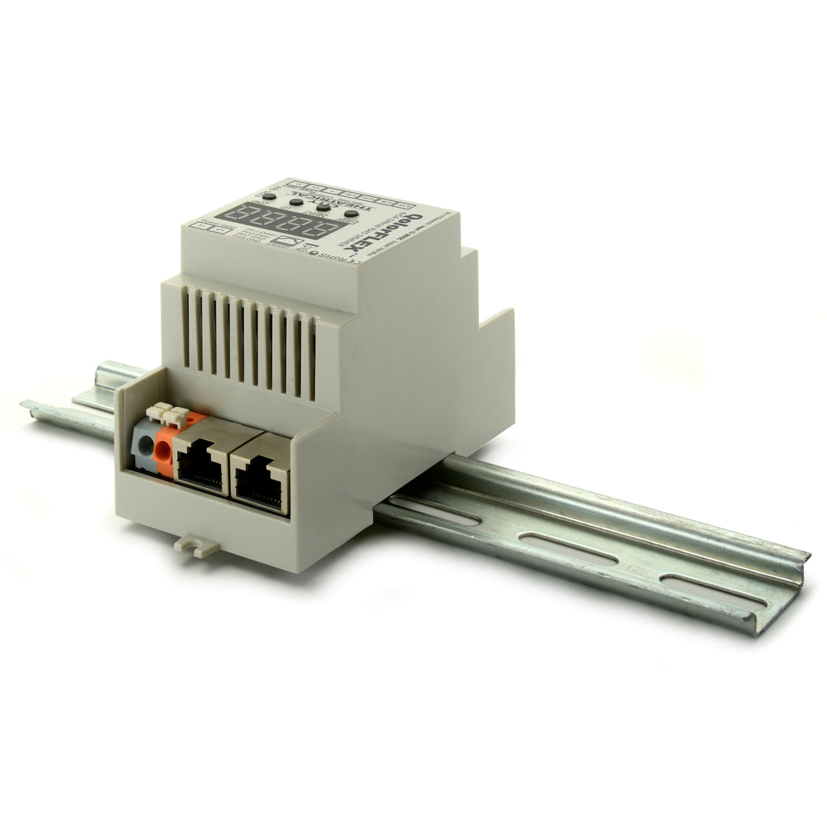 QolorFLEX 5823 4x5A DINrail RJ45 dimmer shown with DIN rail mounting track and dual RJ45 data ports, City Theatrical