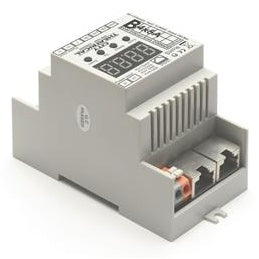 QolorFLEX 5823 DINrail dimmer angled view showing vented gray housing and four-digit LED display, City Theatrical
