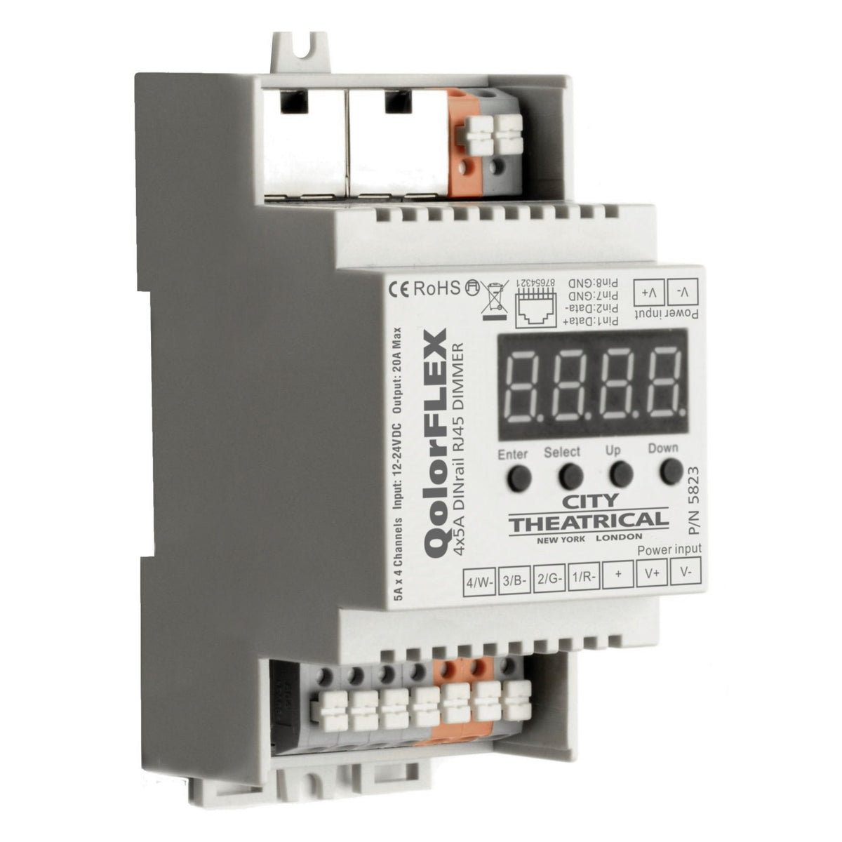 QolorFLEX 5823 upright front panel detail with Enter, Select, Up and Down buttons and 12-24VDC output terminal block, City Theatrical