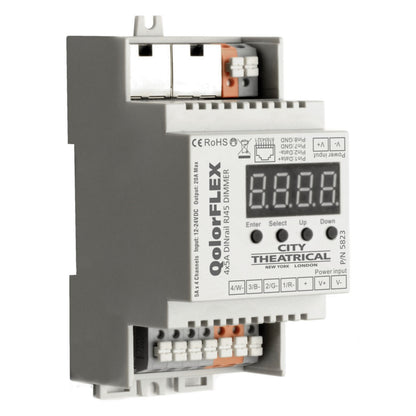 QolorFLEX 5823 upright front panel detail with Enter, Select, Up and Down buttons and 12-24VDC output terminal block, City Theatrical