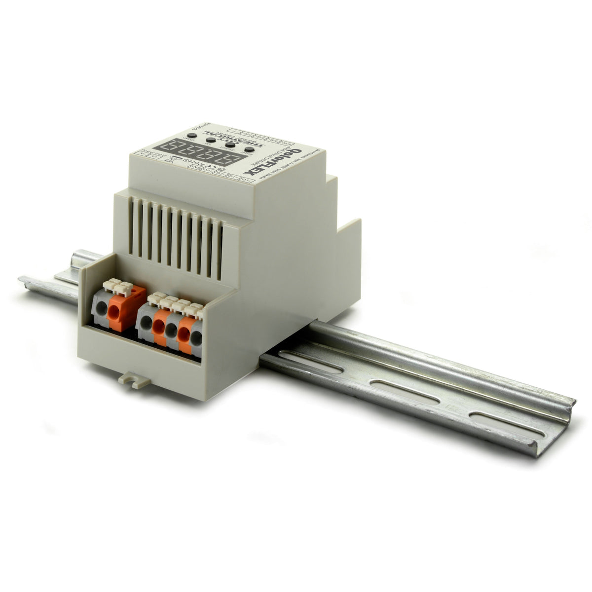 QolorFLEX 5825 4x5A DINrail dimmer angled view mounted on metal DIN rail with orange terminal blocks, City Theatrical