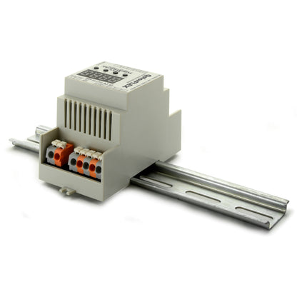 QolorFLEX 5825 4x5A DINrail dimmer angled view mounted on metal DIN rail with orange terminal blocks, City Theatrical