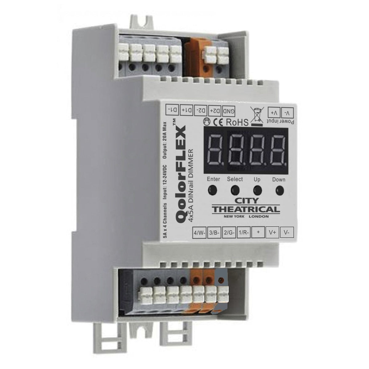 QolorFLEX 5825 DINrail dimmer front panel showing 4-digit LED display, Enter/Select/Up/Down buttons and labeled DMX and power terminals, City Theatrical