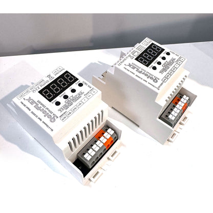QolorFLEX 5825 and 5823 DINrail dimmers shown together with push-in terminal connectors and address displays, City Theatrical
