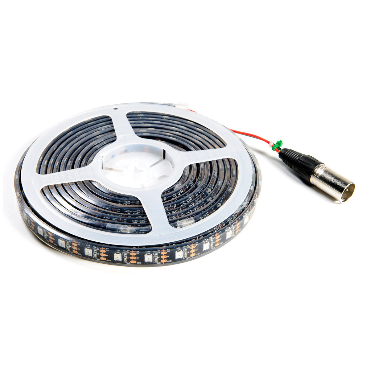 QolorPIX Q5050-5-RGB-48-5-67-2 pixel LED tape coiled on reel with IP67 jacket and 5-pin XLR lead, City Theatrical