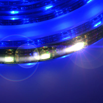 QolorPIX RGB LED tape close-up detail showing 5V pads and individually addressable pixels lit blue, City Theatrical