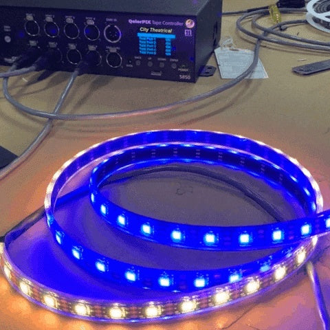 QolorPIX LED tape in use on bench running blue and warm white pixel chase from QolorPIX Tape Controller, City Theatrical