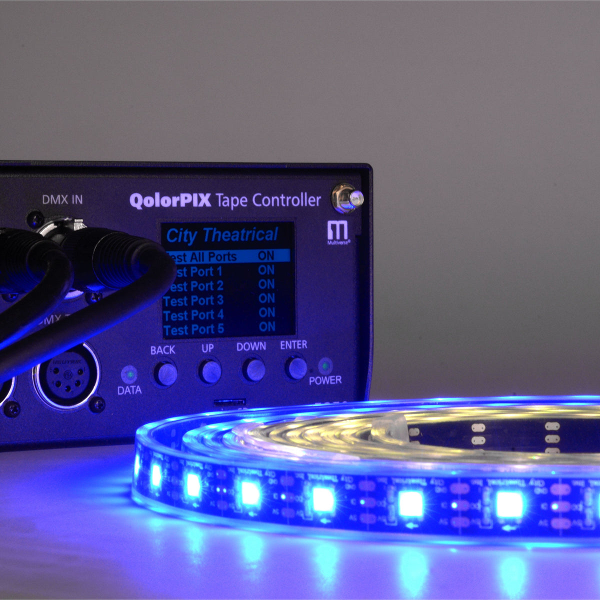 QolorPIX pixel LED tape with QolorPIX Tape Controller showing DMX in, LCD test port menu and navigation buttons, City Theatrical