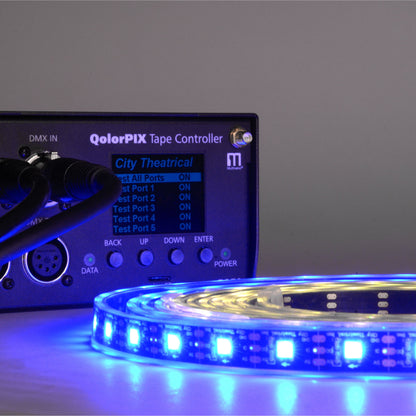 QolorPIX pixel LED tape with QolorPIX Tape Controller showing DMX in, LCD test port menu and navigation buttons, City Theatrical