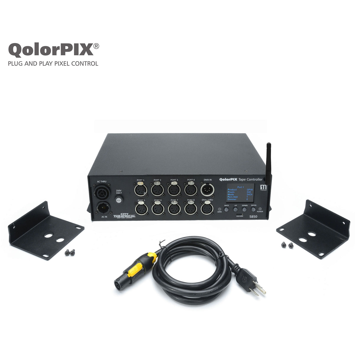 QolorPIX 5850 Tape Controller with included rack ears, mounting screws and powerCON-to-Edison cable, City Theatrical