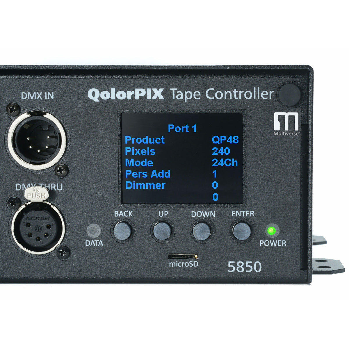 QolorPIX 5850 close-up of OLED display showing Port 1 QP48 pixel settings beside DMX In and DMX Thru XLR connectors, City Theatrical