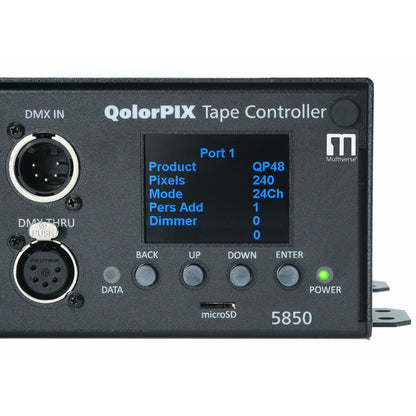 QolorPIX 5850 close-up of OLED display showing Port 1 QP48 pixel settings beside DMX In and DMX Thru XLR connectors, City Theatrical