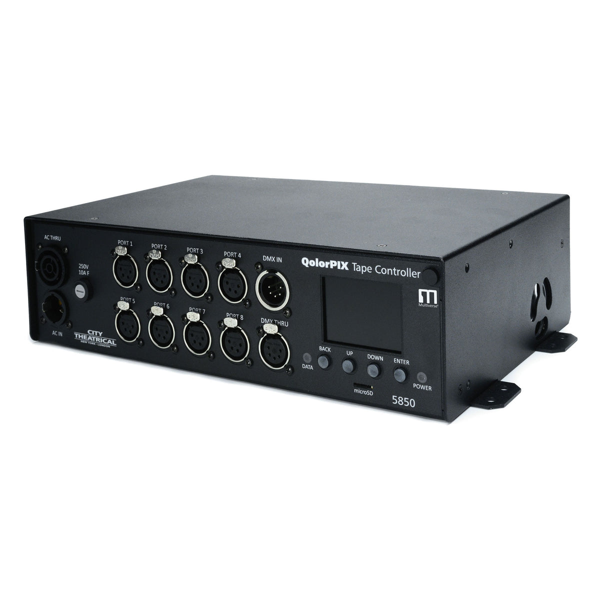 QolorPIX 5850 Tape Controller left front three-quarter view showing eight output ports and mounting brackets, City Theatrical